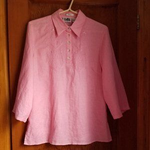 Irish linen, embroidery, 3/4 sleeve, open/closed collar, M, Edward's, vintage